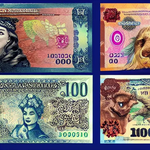 Prompt: banknotes featuring mythical creatures