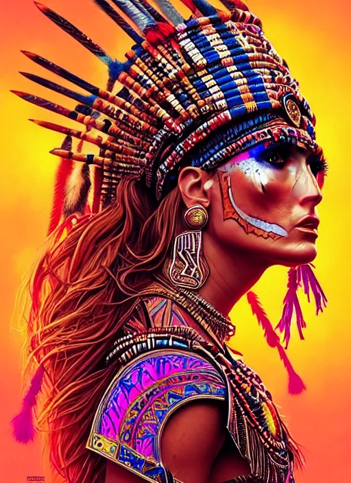 Image similar to portrait of jennifer lopez, hyper detailed ultra sharp aztec shaman warrior. trending on artstation, warpaint aesthetic, bloodwave, colorful, psychedelic, ornate, intricate, digital painting, concept art, smooth, sharp focus, illustration, art by artgerm and greg rutkowski and h. r. giger, 8 k