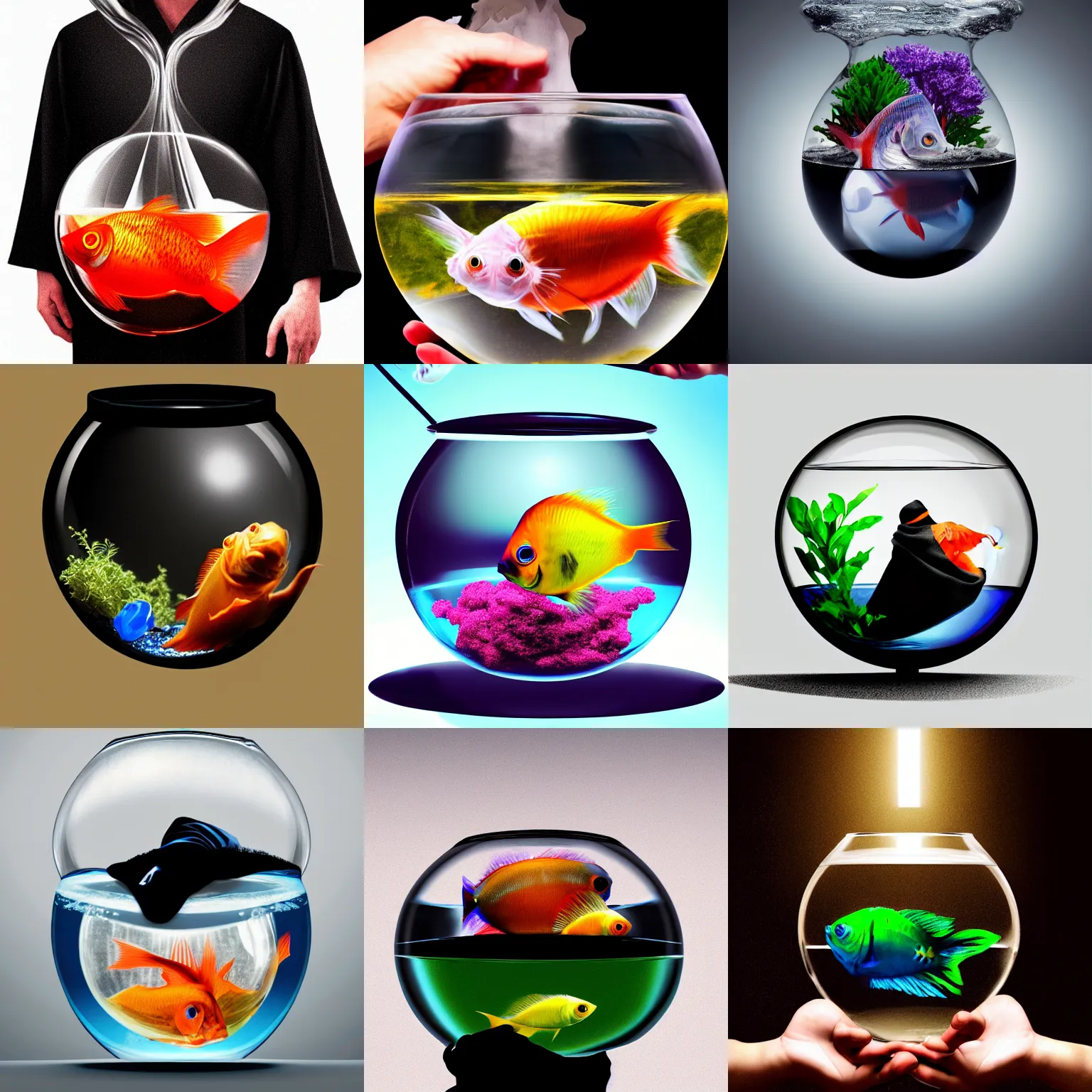 Prompt: beta fish in a fish bowl being held by a person in a dark robe photo, hyper realistic, trending on artstation