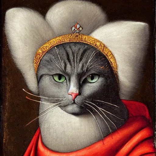 Image similar to a renaissance portrait painting of a grey cat, wearing a crown and cape, dark background,