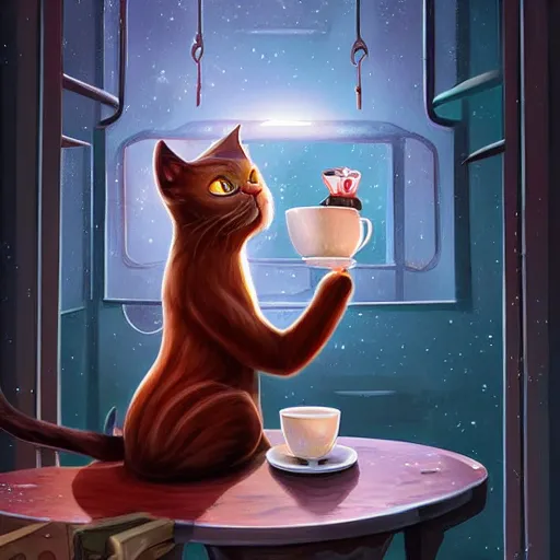 Prompt: cat full of rage clutching a cup of tea angrily, by cyril rolando and naomi okubo and dan mumford and ricardo bofill, HD, 4k