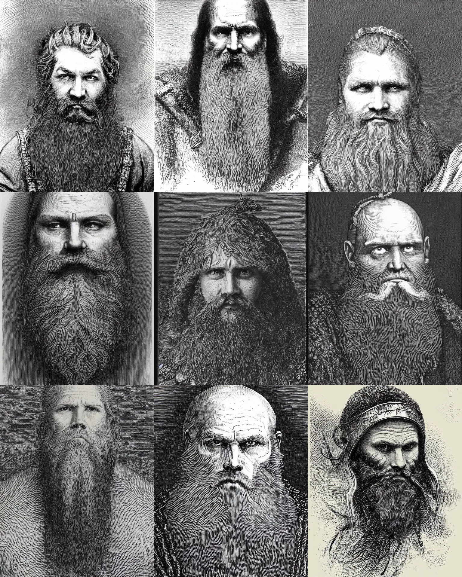 Prompt: detailed portrait of beared viking, trending on artstation, by gustave dore, black ink