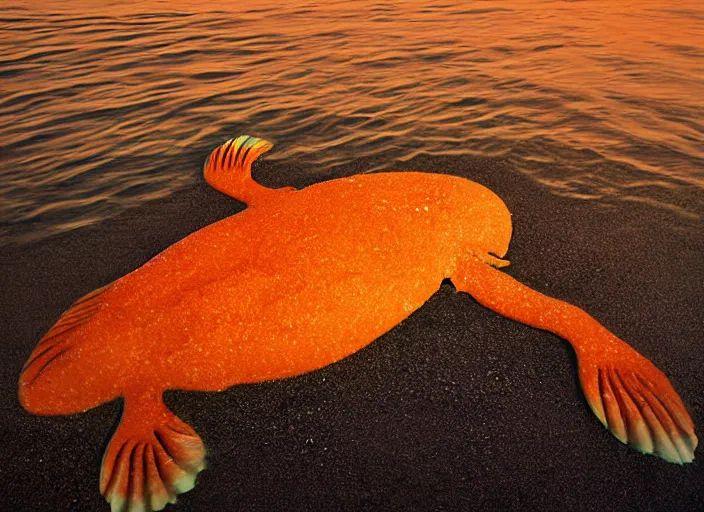 Image similar to an aquatic monster comes out of the sea to die on the orange sand by hagan robert