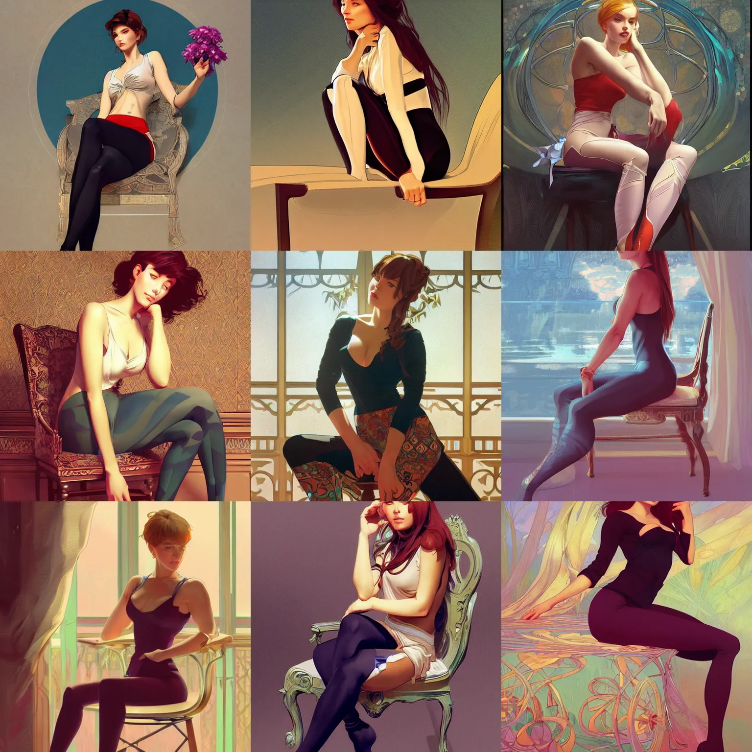 Prompt: gorgeous woman sitting in a chair wearing leggings. highly detailed, digital painting, artstation, concept art, smooth, sharp focus, illustration, art by artgerm and alphonse mucha, high definition digital art, in the style of ilya kuvshinov and Ross tran