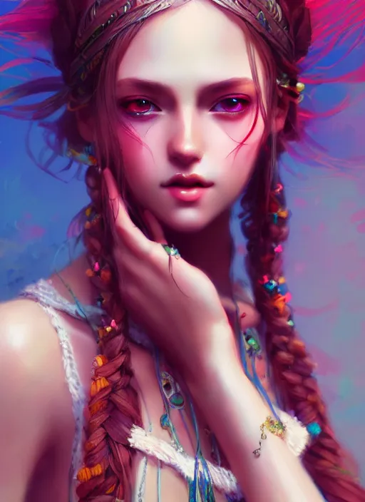 Image similar to a beautiful bohemian girl, intricate, highly detailed, digital painting, Pixiv, Artstation, official media, anime key visual, concept art, rich vivid colors, ambient lighting, sharp focus, illustration, art by WLOP