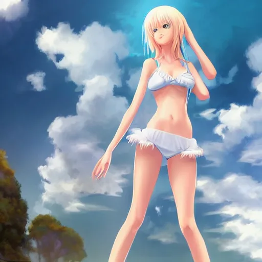 Image similar to tiny father a tall daughter picture : a very beautiful young blond anime girl, sky blue eyes, bikini, white miniskirt, highly detailed, cinematic wallpaper by stanley artgerm lau