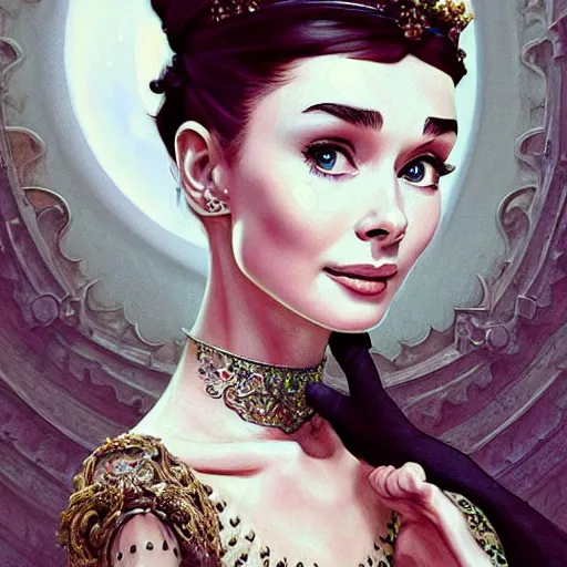 Image similar to audrey hepburn in an epic victorian novel, inside an ornate castle, intricate, elegant, highly detailed, digital painting, artstation, matte, illustration, art by artgerm, greg rutkowski, loish, rhads, ferdinand knab, makoto shinkai, lois van baarle, ilya kuvshinov, rossdraws, tom bagshaw