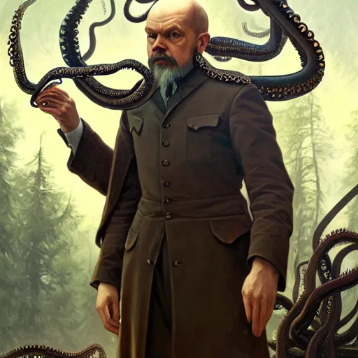 Image similar to photo of vladimir lenin as humanoid octopus with tentacles beard hybrid were a heroic dress an armour in the forest, highly detailed, digital painting, artstation, smooth, sharp focus, illustration, art by artgerm and greg rutkowski and alphonse mucha