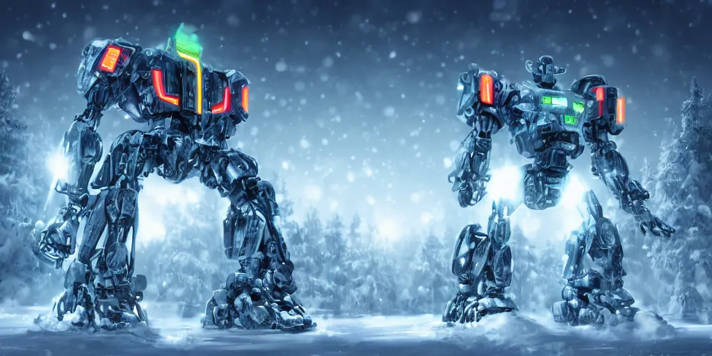 Image similar to a giant robot, megastructure, in a snowy land, photorealistic, neon light