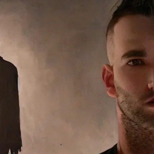 Image similar to the hyper - realistic painting of tom sturridge as sandman combattant contre lucifer