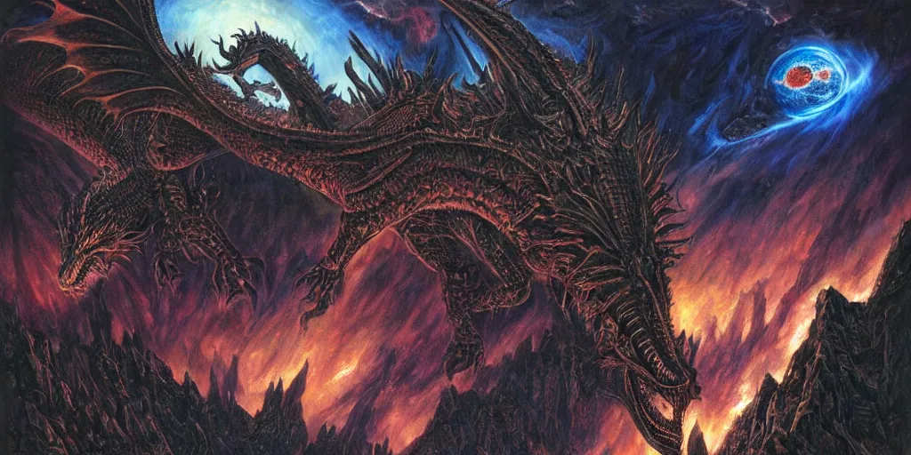 Image similar to an alien dragon protecting a dark gothic castle with tall spires on an asteroid floating in front of an epic nebula, Dan Seagrave art
