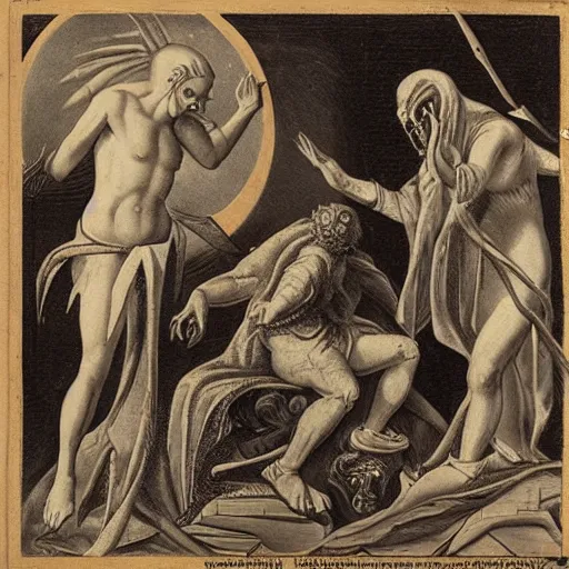 Image similar to a horror vacui depicting birth death God and the devil,