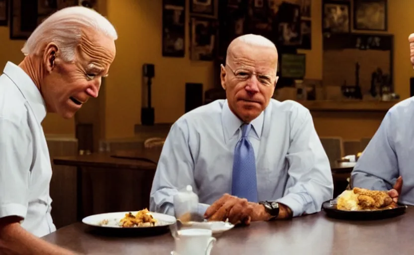 Image similar to photo of joe biden and walter white in the restaurant los pollos hermanos sitting on the same table, looking at each other, ultra detailed, movie frame, cinematical composition, 4 k, breaking bad