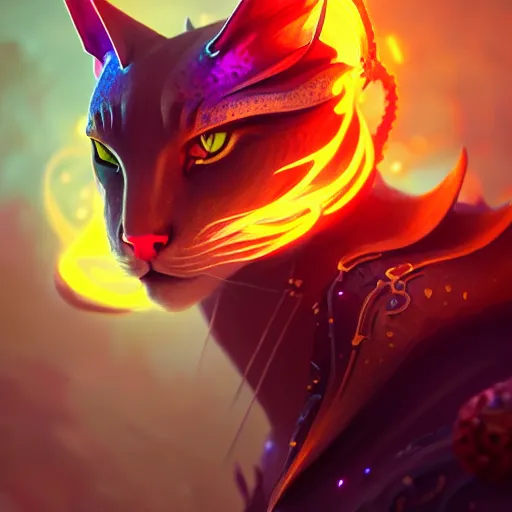 Image similar to beautiful colorful dragon cat. intricate portrait, occult cyberpunk, ancient futuristic, dark art, occult. by Petros Afshar, by artgerm, by Eddie Mendoza, by Peter mohrbacher, octane render, 3d, unreal engine, depth of field, bokeh, motion blur, blur