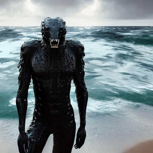 Image similar to a stunning cinematic wide shot of a beautiful confused slick sleek smooth humanoid sea monster wearing clothes made of seaweed on a dark stormy beach, well designed perfect with slick led eyes, sharp claws, cgsociety, hd octane render, fantasy, furry art, artstation, deviantart, furaffinity, very very clean