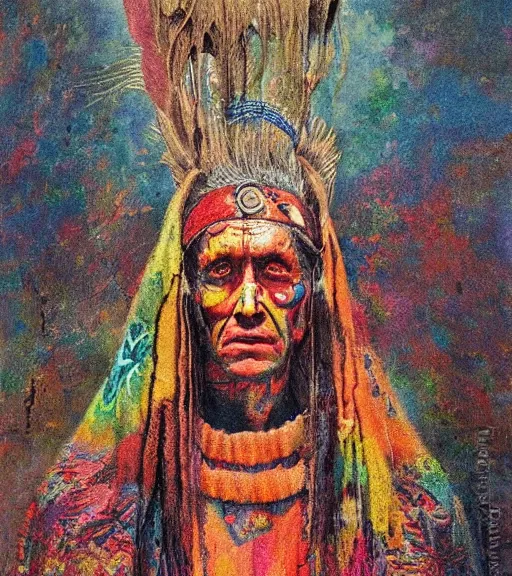 Image similar to Portrait painting in a style of Beksinski mixed with Alex Grey of an old shaman dressed in a colorful traditional clothes.