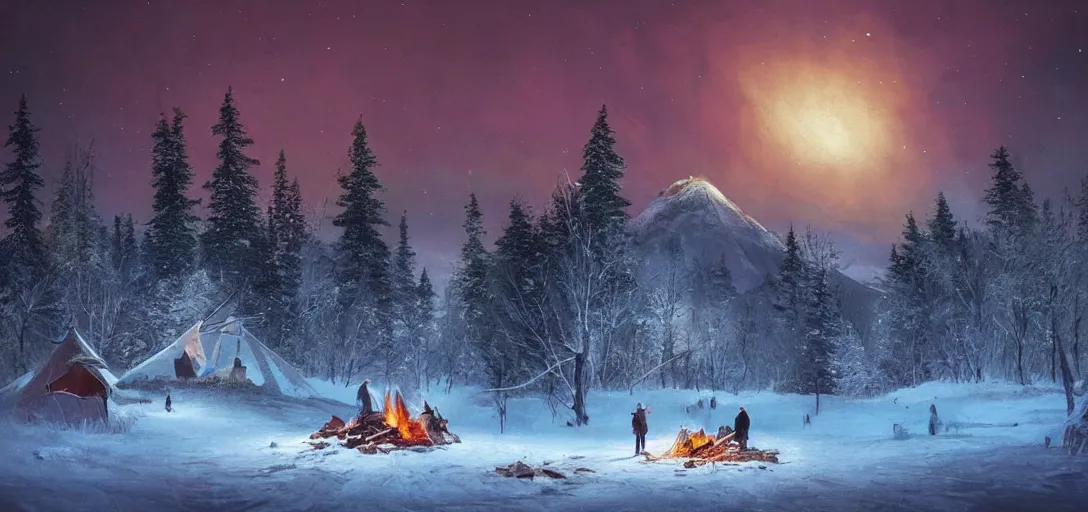 Prompt: beautiful render of a fall landscape, unreal engine, night, majestic snowy mountains, dramatic aurora borealis, stars, teepee, village, campfire, hunters, soft light, by greg rutkowski, cgsociety