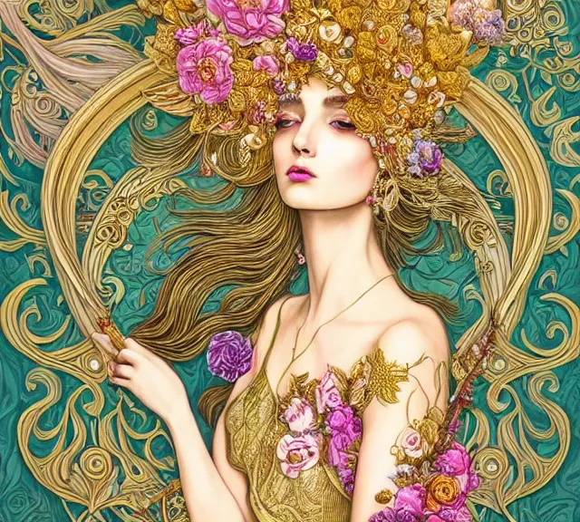 Prompt: Floralpunk elysian princess, gold leaf, ivory, detailed intricate ink illustration, mystical atmosphere, detailed illustration, hd, 4k, digital art, overdetailed art, concept art, complementing colors, vivid and vibrant colors, trending on artstation, art nouveau Iconography background, Cgstudio, the most beautiful image ever created, dramatic, illustration painting by alphonse mucha by Ruan Jia, vibrant colors, 8K, style by Wes Anderson, award winning artwork, high quality printing, fine art, beautiful floral scenery, by Makoto Shinkai, syd meade, 8k ultra hd, artstationHD, 3d render, hyper detailed