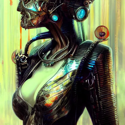 Image similar to a full body beautiful woman wearing a cyberpunk outfit by karol bak, ayami kojima, artgerm, sakimichan, hr giger, blue eyes, weapons, electronics, high tech, concept art, fantasy