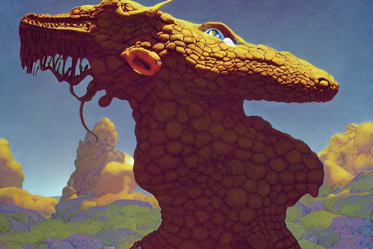 Image similar to fafnir, digital painting by maxfield parrish and michael whelan, photorealistic