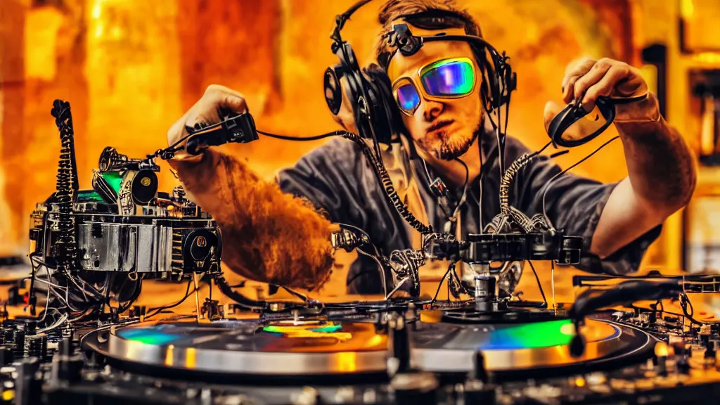 Image similar to a person wearing goggles and visor and headphones using a steampunk record player contraption, wires and tubes, turntablism dj scratching, intricate planetary gears, complex, cinematic, imax, sharp focus, iridescent, black light