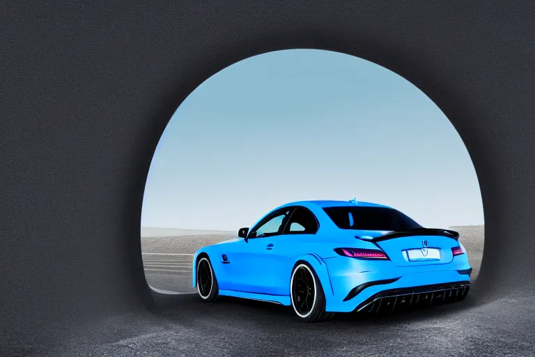 Image similar to matte blue AMG entering a portal into another dimension. photorealistic 35mm 4k