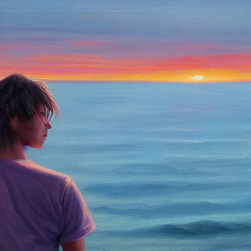 Image similar to a teen guy with mullet, portrait, sunset, ocean in distance, oil painting, pale colors, high detail, 8 k, wide angle, trending on artstation,