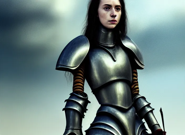 Image similar to landscape of a future city, a young english woman between the ages of 2 0 - 2 5 years, wearing armor and pointing a dagger, wearing a face full of anger. cinematic capture, dramatic condition, fine art, modern realism, sharp focus, good lighting, trending on artstation, trending on tiktok, smooth drawing, elegant, authoritative, without anomalies.