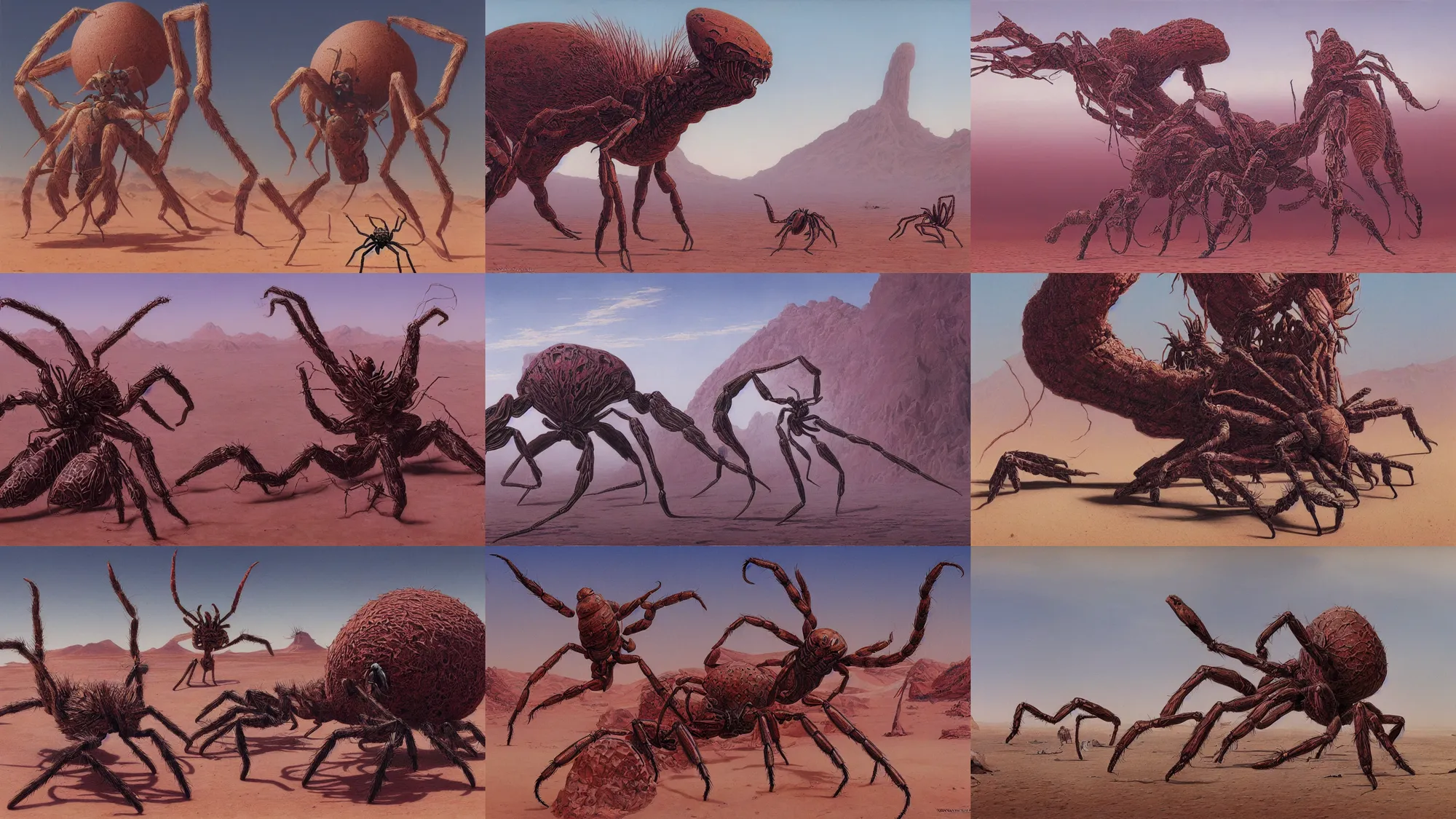 Prompt: painting of large arachnid creature near a desert by wayne barlowe