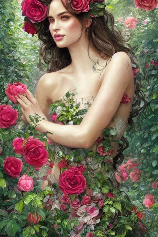 Image similar to beautiful woman in the middle of a lush garden with roses in her hair and an intricate gown, highly detailed, portrait, artstation, art by artgerm and greg rutkowski,