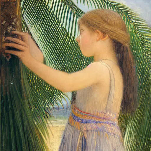 Image similar to a ultradetailed beautiful painting of a girl in the amazonas palace balustrade designed by jules bastien - lepage, hans belmer, frank weston and gustave baumann, beach, trending on artstation, mediterranean, palm trees, refracted color sparkles, sharp focus, soft light, 8 k 4 k