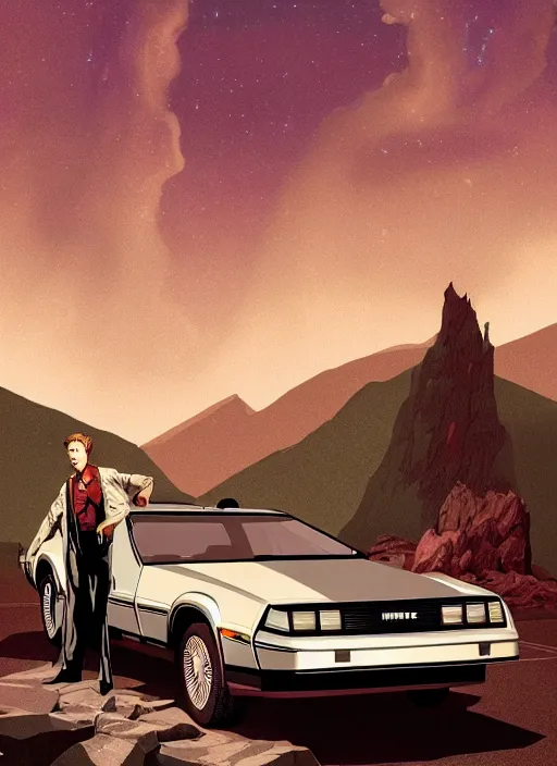 Prompt: Twin Peaks poster artwork by Michael Whelan and Tomer Hanuka, Rendering of David Bowie getting out of Delorean next to cabin full of details, by Makoto Shinkai and thomas kinkade, Matte painting, trending on artstation and unreal engine