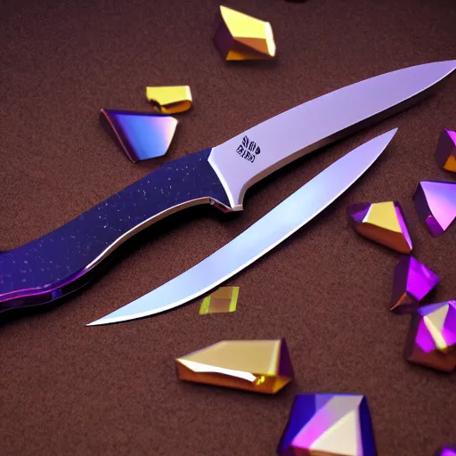 Prompt: small knife made from shards of vibrant crystal, light refraction, photorealistic, ultra high definition, cinematic, crisp shadows, octane, 8k unreal engine foreground focus, cryengine, blender, macro shot