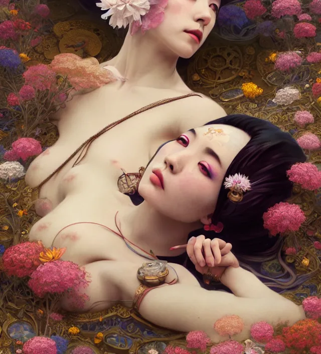 Image similar to baroque portrait of one steampunk bohemian geisha woman of porceline skin lying down in a river made of thousand of flowers, cinematic lighting, photorealistic, octane render, 8 k, depth of field, art by artgerm and greg rutkowski and alphonse mucha and uang guangjian
