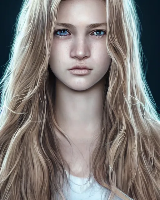 Image similar to portrait of 1 6 - year - old woman with dirty blonde hair down to her waist, pale eyebrows and protuberant silver eyes, wearing white shirt, hyper realistic face, beautiful eyes, character art, art by mark brooks, hyperdetailed, cryengine, trending on artstation, digital art