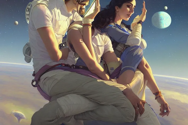 Image similar to Sensual good looking pale young Indian doctors wearing jeans in a space station above Earth, portrait, elegant, intricate, digital painting, artstation, concept art, smooth, sharp focus, illustration, art by artgerm and greg rutkowski and alphonse mucha