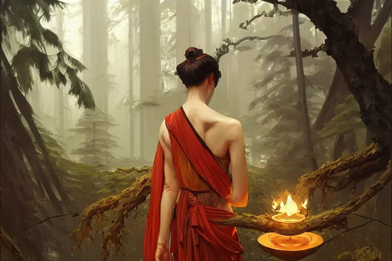 Image similar to forest, temple, taoism, painting by greg rutkowski, j. c. leyendecker, artgerm