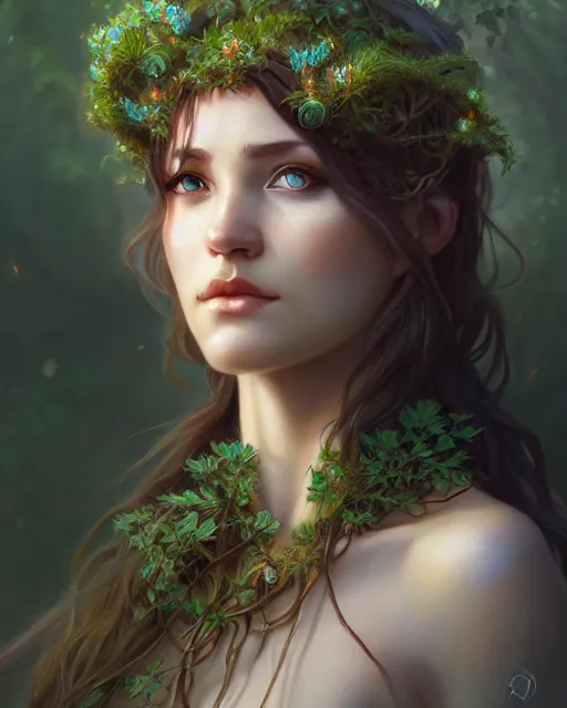 Prompt: beautiful female druid, portrait, fantasy, young, perfect eyes, detailed, intricate, leaves and simple cloth, global lighting, digital art, digital painting, artstation, wlop, sharp focus, illustration, art by artgerm and greg rutkowski and alphonse mucha, 8 k