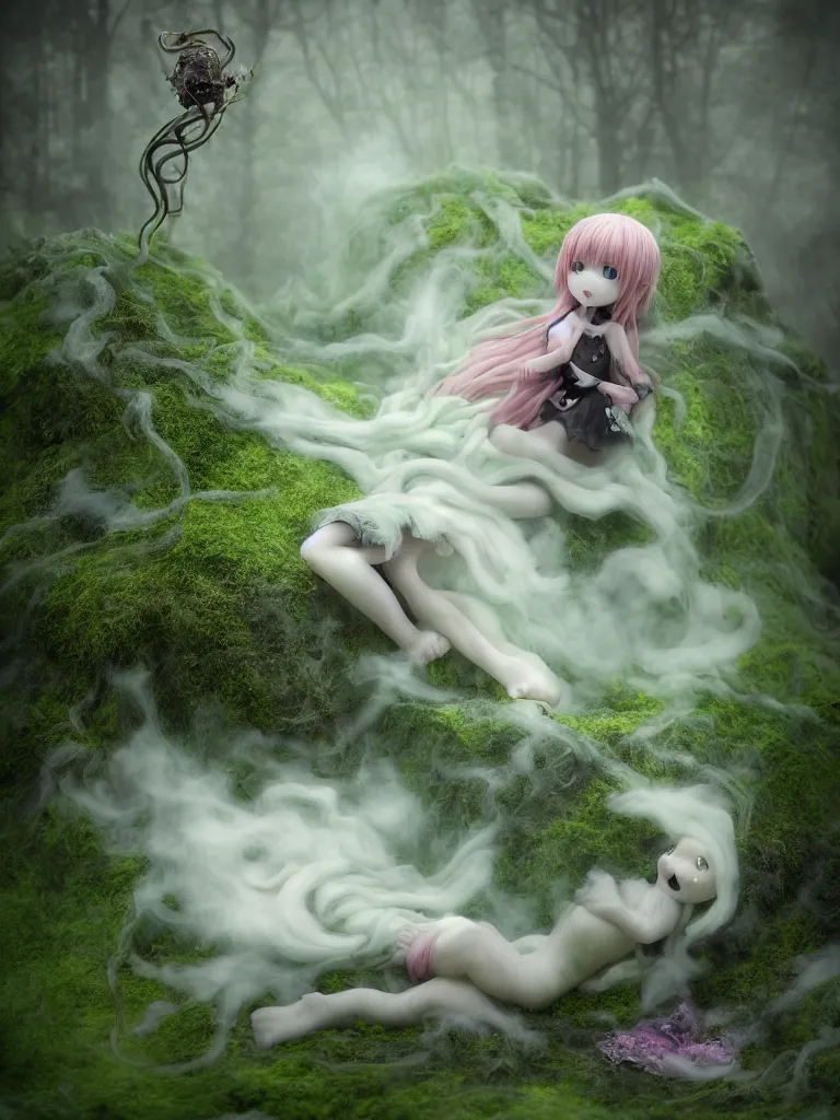 Prompt: cute wraith fumo plush girl gothic maiden floating through the mossy rosy grandeur gate of the fallen kingdom, tattered striped trailing dress of glowing wispy melting billowing smoke tendrils, ethereal volumetric light shaft fog, puddles, color contrast, rule of thirds, vignette, vray, kodak