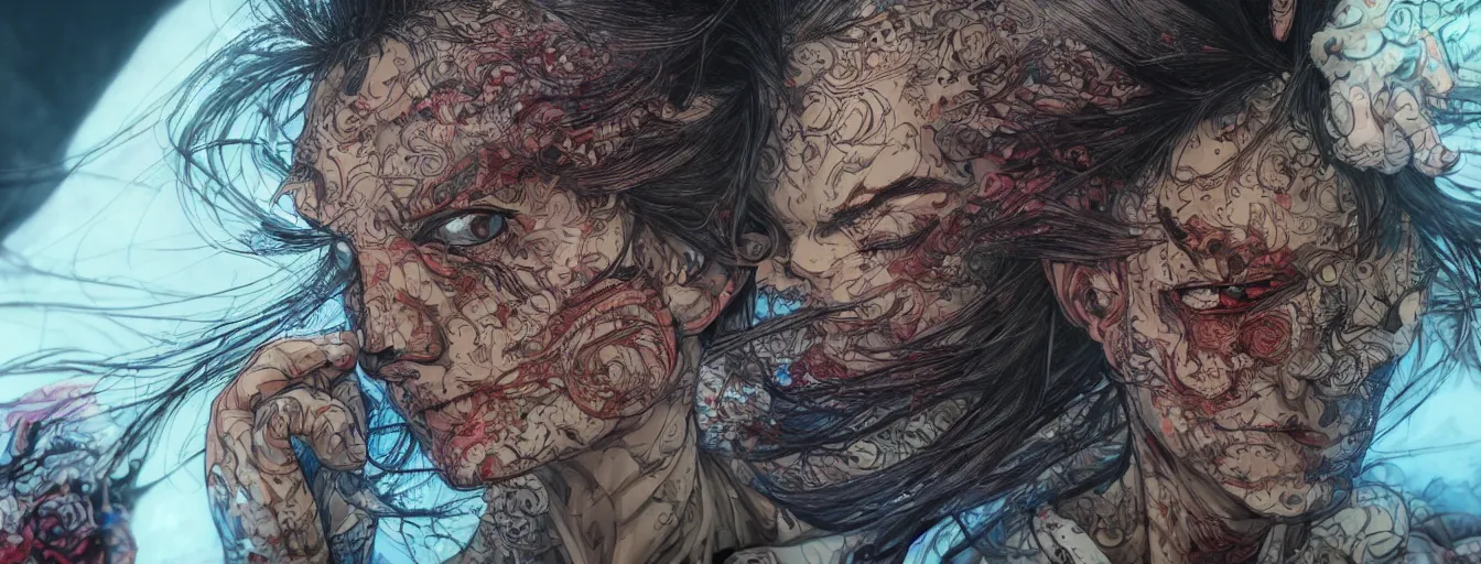 Image similar to close up of two eyes, determined and rage at the futility of life. hyperrealistic anime background illustration by kim jung gi, colorful, extremely detailed intricate linework, smooth, super sharp focus, bright colors, high contrast, matte, octopath traveler, unreal engine 5 highly rendered, global illumination, radiant light