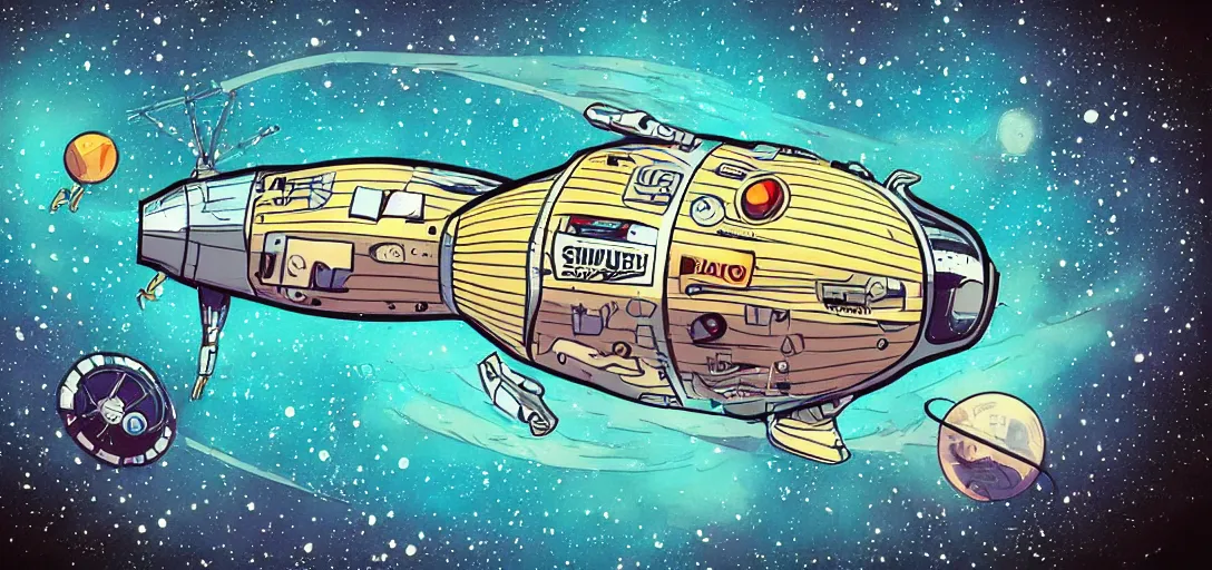 Image similar to Space capsule above the sky in the graphic style of Tim Shumate, detailed art, trending on Artstation, sharp focus, comic art