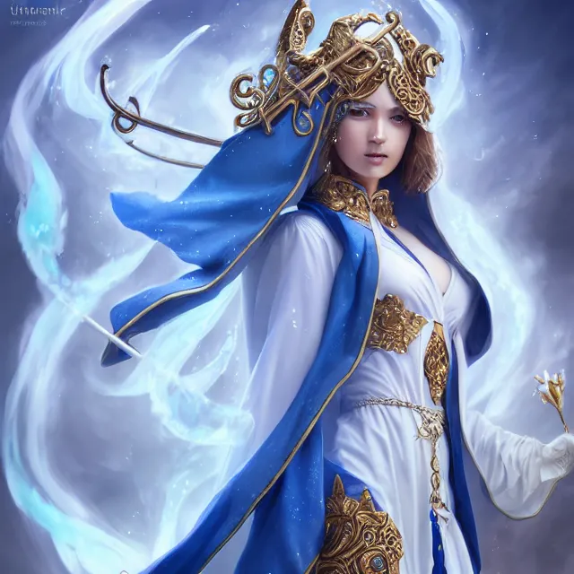 Image similar to beautiful elemental sky witch with ornate white and blue robes and staff, highly detailed, 4 k, hdr, smooth, sharp focus, high resolution, award - winning photo, artgerm, photorealistic