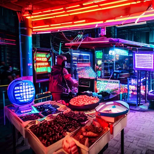 Prompt: a market stall at a futuristic cyber punk trade show in 2 0 5 5 from a distance, neon lighting, cinematic, dslr, unreal engine, hyper realistic