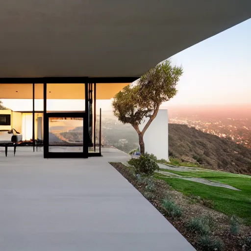 Prompt: A square shaped futuristic contemporary house in the hills of Los Angeles. A cinematic photograph.