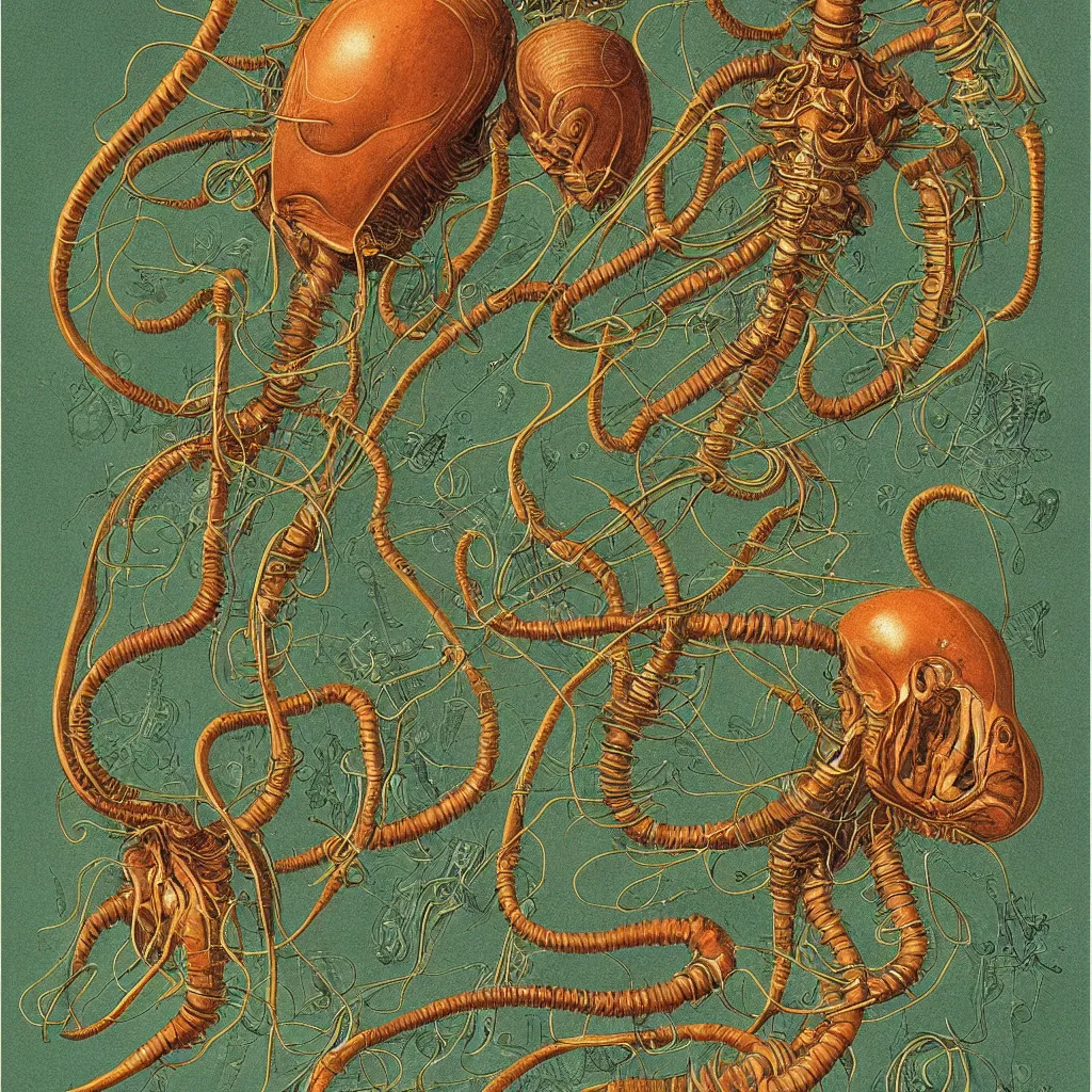 Prompt: small alien parasite color scientific illustration by Ernst Haekel, color illustration with orthographic views