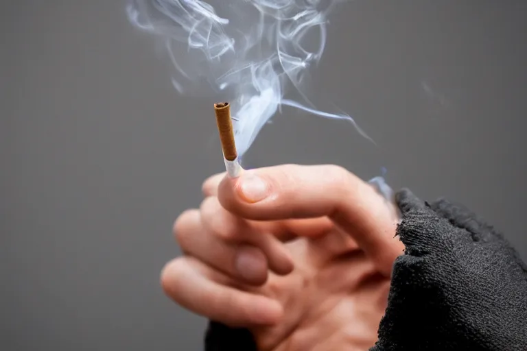 Image similar to Close-up of thin soft hand holding cigarette with smoke, hyper realistic, high details, photo, super resolution