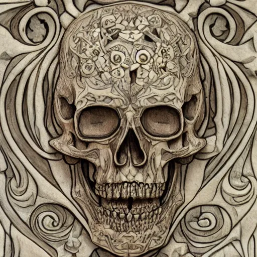 Prompt: memento mori detailed art nouveau bone carving by arthur rackham, gothic, intricately carved antique bone, skulls, 8 k 3 d, 8 k resolution