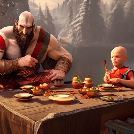 Image similar to god of war having a tea party with little kids, digital painting, 3 d, octane render