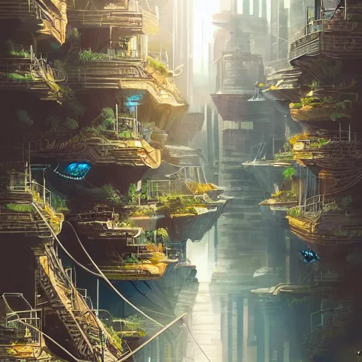 Image similar to Narrow cosy waterway in futuristic sci-fi city in harmony with nature. Nice colour scheme, soft warm colour. Beautiful detailed illustration by Lurid. (2022)