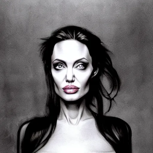 Prompt: angelina jolie walking into the camera by H.R. Giger and Bedsinski